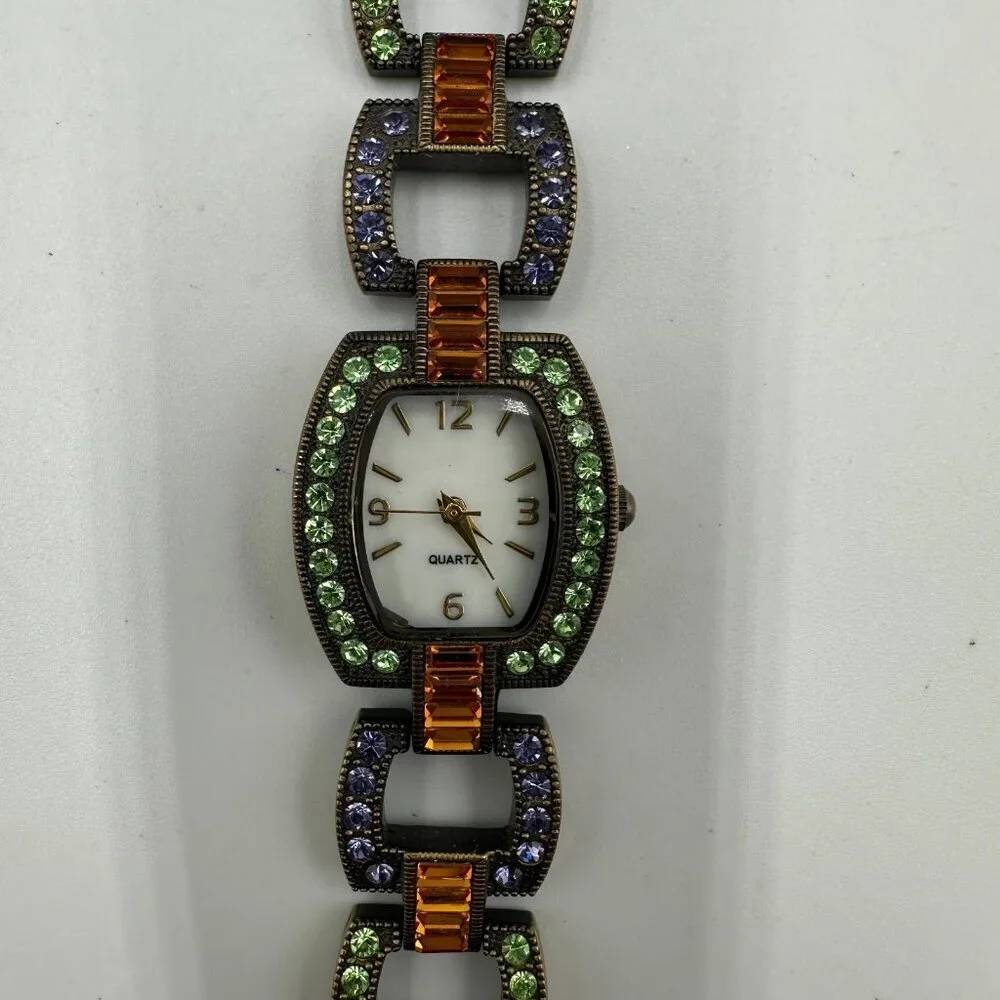 LA Vintage Rhinestone Watch Women Bronze Tone Green Purple New Battery 6.75 Inch